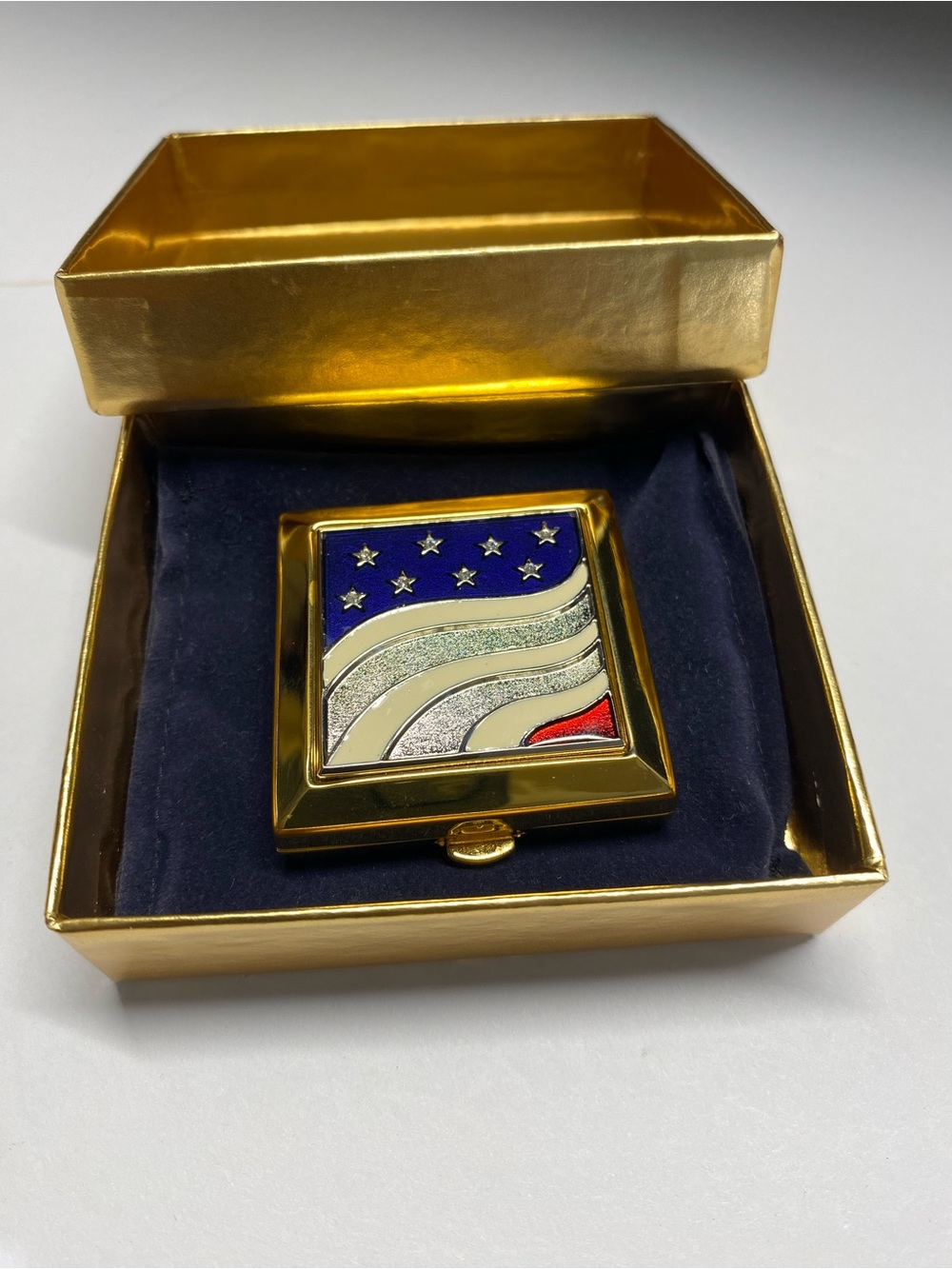 Estee Lauder Gold Compact with Red, White, Blue Enamel Flag Design